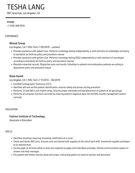 EKG Tech Resume Samples | Velvet Jobs