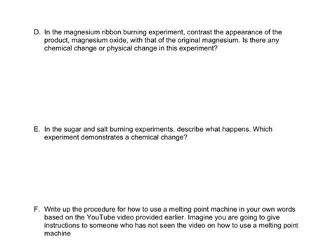 Solved D. In the magnesium ribbon burning experiment, | Chegg.com