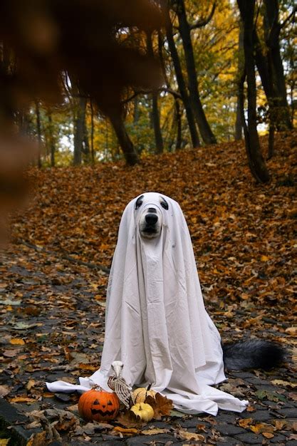 Premium Photo | Dog in a ghost costume Halloween concept