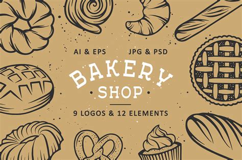 bakery shop logos and emblems with hand drawn bread, pies, loaves