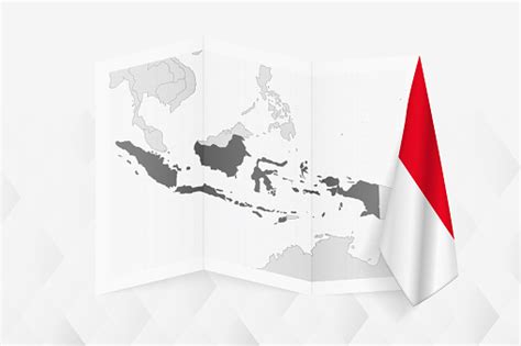 A Grayscale Map Of Indonesia With A Hanging Indonesian Flag On One Side Vector Map For Many ...