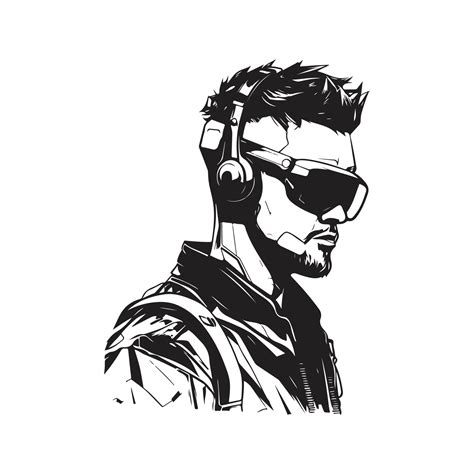 man wearing cyberpunk headset, vintage logo line art concept black and ...