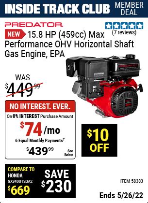 PREDATOR 15.8 HP (459cc) OHV Horizontal Shaft Gas Engine – EPA for $439.99 – Harbor Freight Coupons