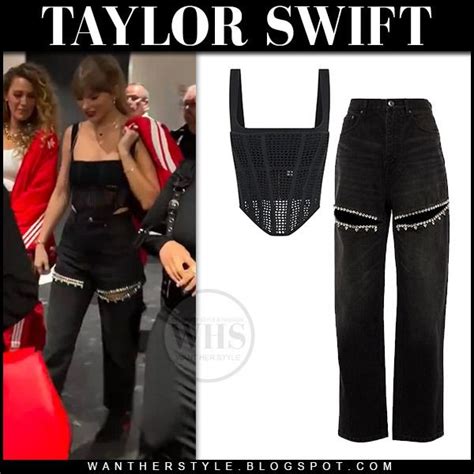 Taylor Swift in red jacket, black corset top and black jeans at Super ...