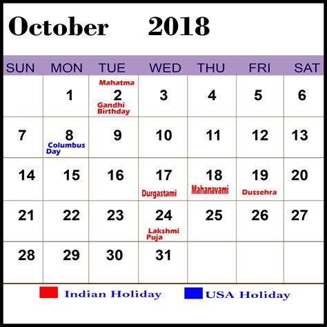 Holiday Calendar October 2018 Download Calendar Usa, October Calendar, 12 Month Calendar ...