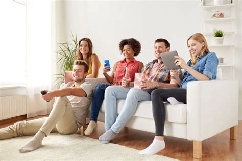 Friends with Gadgets and Beer Watching Tv at Home Stock Photo - Image of internet, drinking ...