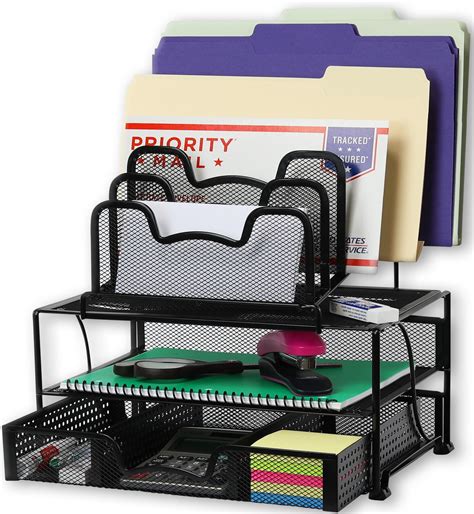 Simple Houseware Mesh Desk Organizer with Sliding Drawer, Double Tray and 5 Stacking Sorter ...