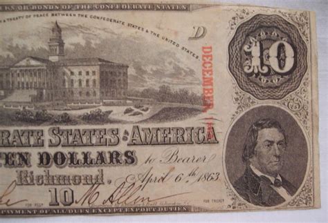 1862 $10 DOLLAR BILL CONFEDERATE STATES CURRENCY CIVIL WAR NOTE PAPER ...