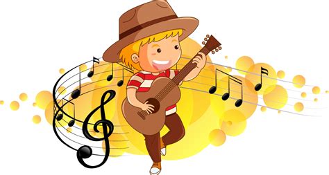 Cartoon character of a boy playing guitar on melody symbols background 3216123 Vector Art at ...