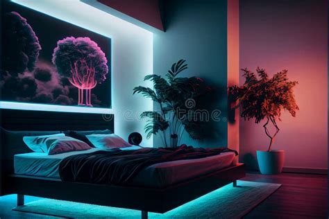 Modern Bedroom Interior with Neon Lights Ambient in the Evening Stock ...