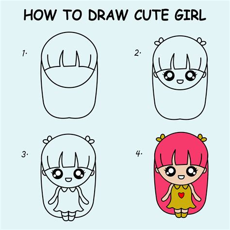 Step by step to draw a cute girl. Drawing tutorial a cute girl. Drawing ...