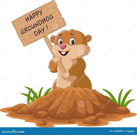 Happy Groundhog Day. Funny Groundhog Holding Wooden Sign Vector ...