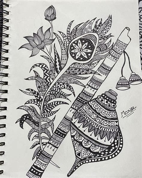 Abstract krishna doodle | Flute | Lotus | Peacock Feathers | Shankha | IG: @_artistsoul__ | Art ...