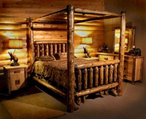 Log furniture for cabins. With flannel plaid blankets (red and black ...