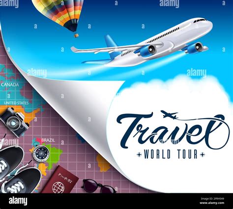 Travel world tour vector banner design. Travel world tour text with travelling and adventure ...