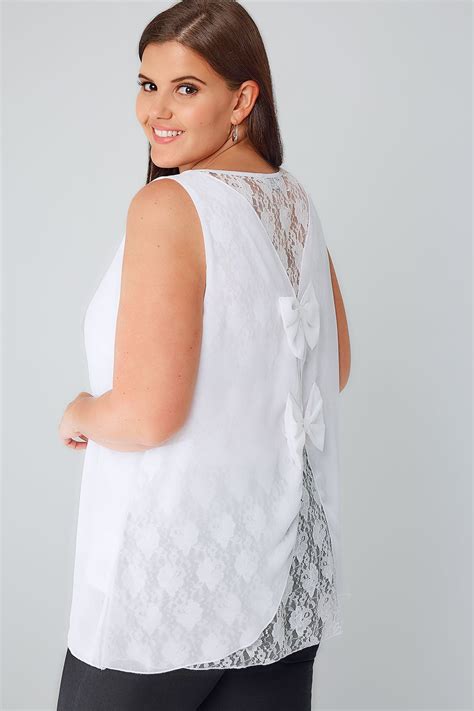 White Sleeveless Top With Lace Back & Double Bow Detail, Plus size 16 to 32