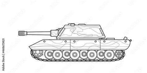 Adult line art military tank coloring page for book and drawing. War modern panzer. Vector ...