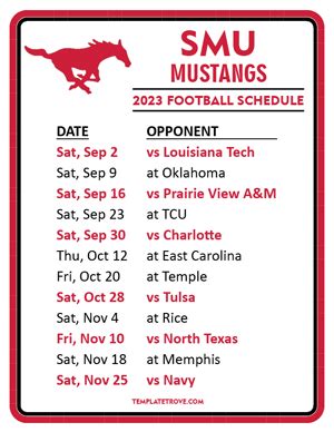 Printable 2023 SMU Mustangs Football Schedule