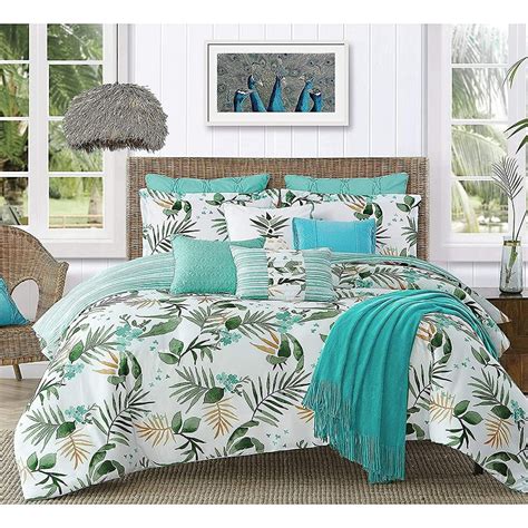 4-Piece Reversible Comforter Set Casual Printed Tropical Pattern, King Size, Nassau Palm Leaves ...