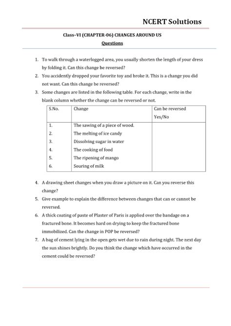 NCERT Solutions for Class 6 Science Chapter 6 - Changes around Us