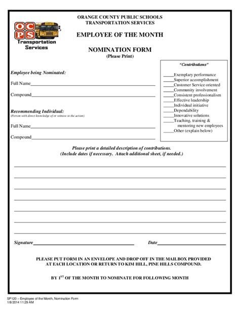 Employee Of The Month Nomination Form - Carolina Free Download