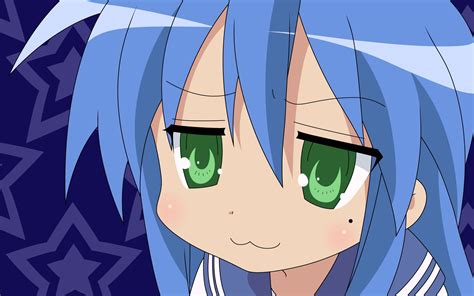 Wallpaper : illustration, anime girls, blue hair, green eyes, cartoon, Lucky Star, Izumi Konata ...