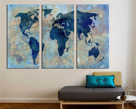 3 Panel Split Abstract World Map Canvas Print,1.5 Deep Frames,triptych ...