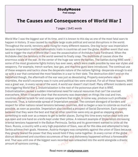 The Causes and Consequences of World War I Free Essay Example