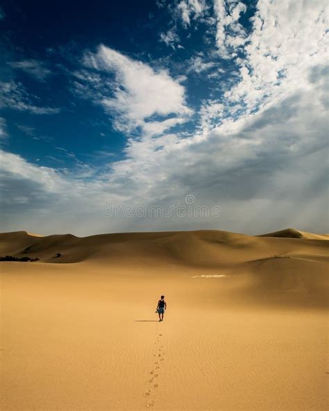 Back View of a Man Walking Alone in the Desert Under a Dramatic Cloudy ...