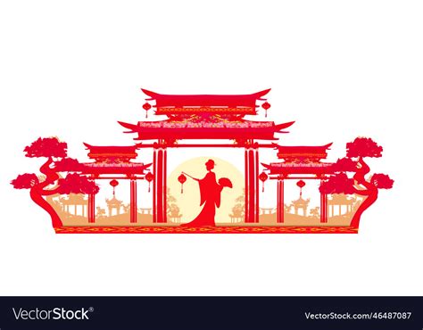 Abstract asian landscape and girl Royalty Free Vector Image