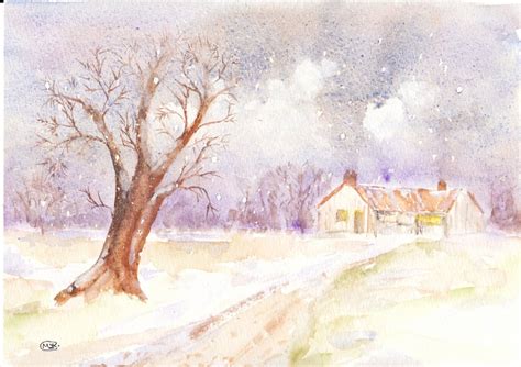 Winter Country Scene original watercolor painting - Folksy