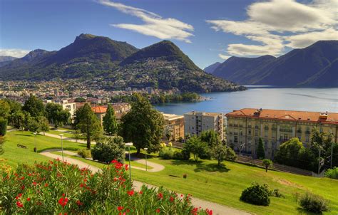 Wallpaper trees, landscape, mountains, lake, building, home, Switzerland, Alps, panorama ...