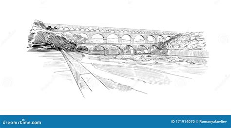 Pont Du Gard Aqueduct. France. Hand Drawn Sketch. Vector Illustration ...