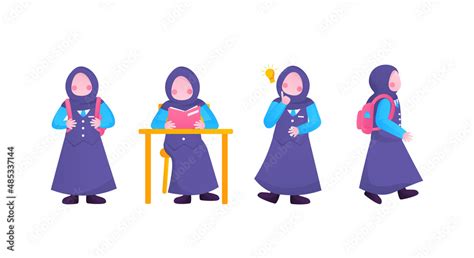 Muslim School girl in uniform vector illustration set Stock Vector ...