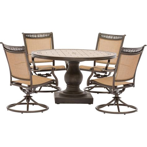 Hanover Fontana 5-Piece Aluminum Round Outdoor Dining Set with Swivels and Tile-Top Pedestal ...