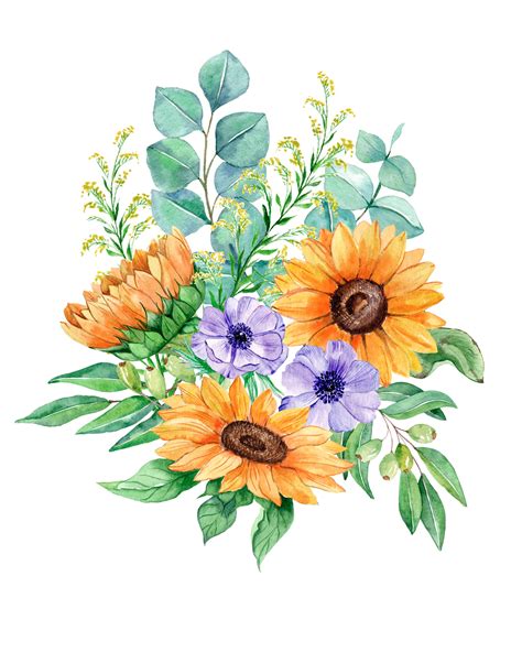 Sunflowers Watercolor Clip Art, Realistic Flower, Summer Herb, Floral Invitation, Greeting Cards ...