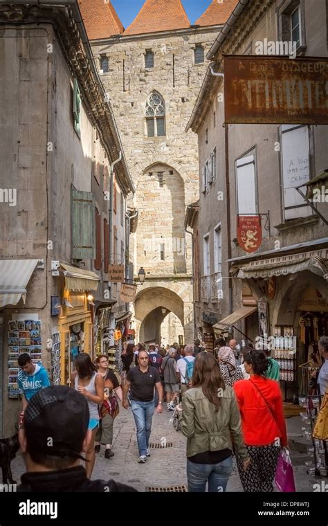 Carcassonne, France, Europe. View of tourists shopping in the old Stock ...