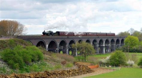 a train traveling over a bridge on top of a lush green field