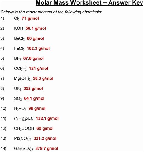 Molar Mass Calculation Worksheets | Molar mass, Chemistry worksheets, Molecular mass