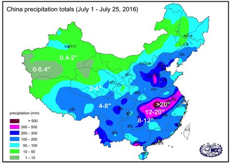 Map: Observed Precipitation Over China from July 1 - 25, 2016 | Climate Signals