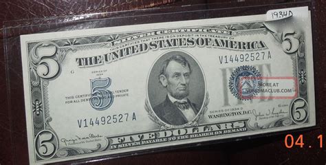 1934 D $5 Dollar Silver Certificate Blue Seal Us Bill / Almost Uncirculated