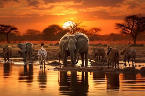 Premium AI Image | a group of elephants and zebras drinking water at sunset