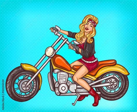 Vector pop art sexy biker girl sitting on a motorcycle Stock Vector ...