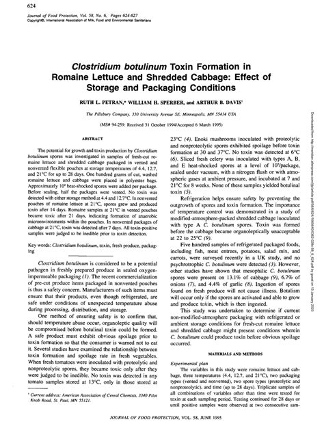 (PDF) Clostridium botulinum Toxin Formation in Romaine Lettuce and Shredded Cabbage: Effect of ...