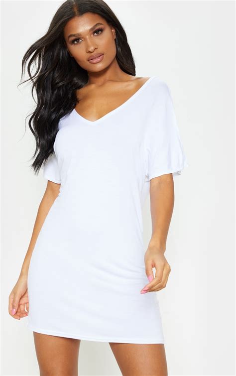 Basic White V Neck T Shirt Dress | PrettyLittleThing USA