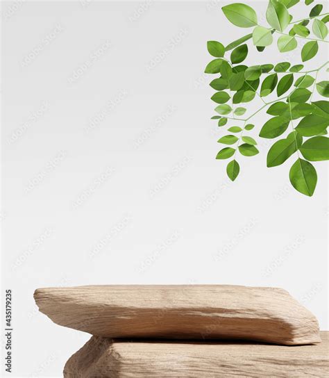 Wooden product display podium with nature leaves background. 3D rendering Stock Illustration ...