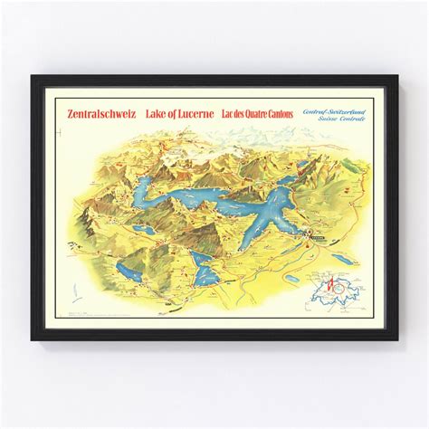 Lake Lucerne Map 1938 Old Map of Lake Lucerne Art Vintage Print Framed ...