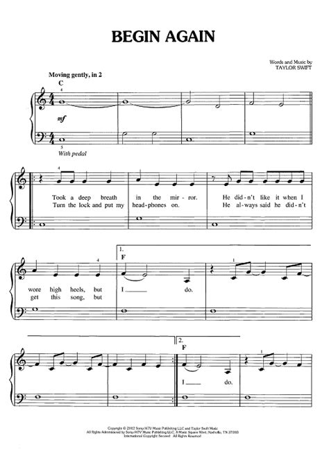 Begin Again" Sheet Music by Taylor Swift for Easy Piano/Vocal/Chords - Sheet Music Now