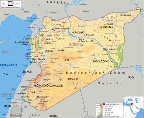 Large physical map of Syria with roads, cities and airports | Syria ...