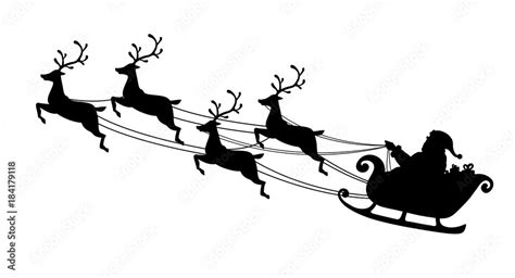 Santa Claus flying with reindeer sleigh. Black Silhouette. Symbol of Christmas and New Year ...